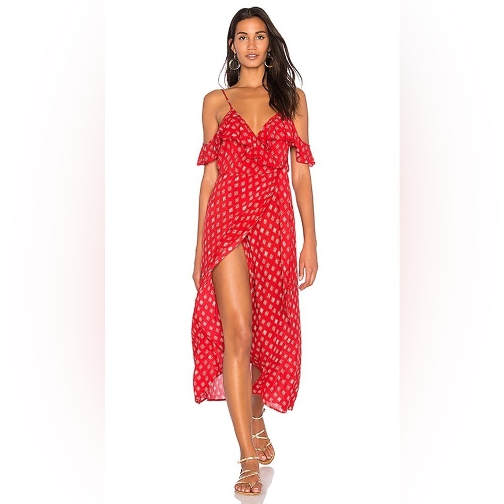 Band of Gypsies Foulard Red and Cream Faux Wrap Dress Women's XS - Picture 2 of 12